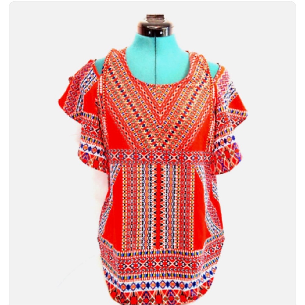 by & by Red Geometric Open Shoulder Boho Women's Blouse